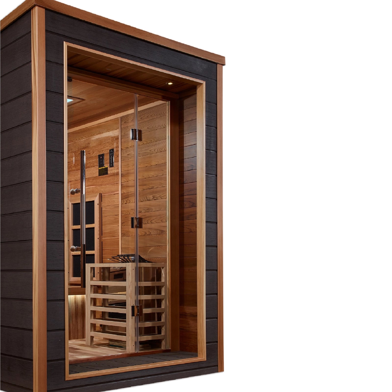 Golden Designs Karlstad 6 Person Hybrid (PureTech™ Full Spectrum IR or Traditional Stove) Outdoor Sauna - Canadian Red Cedar Interior