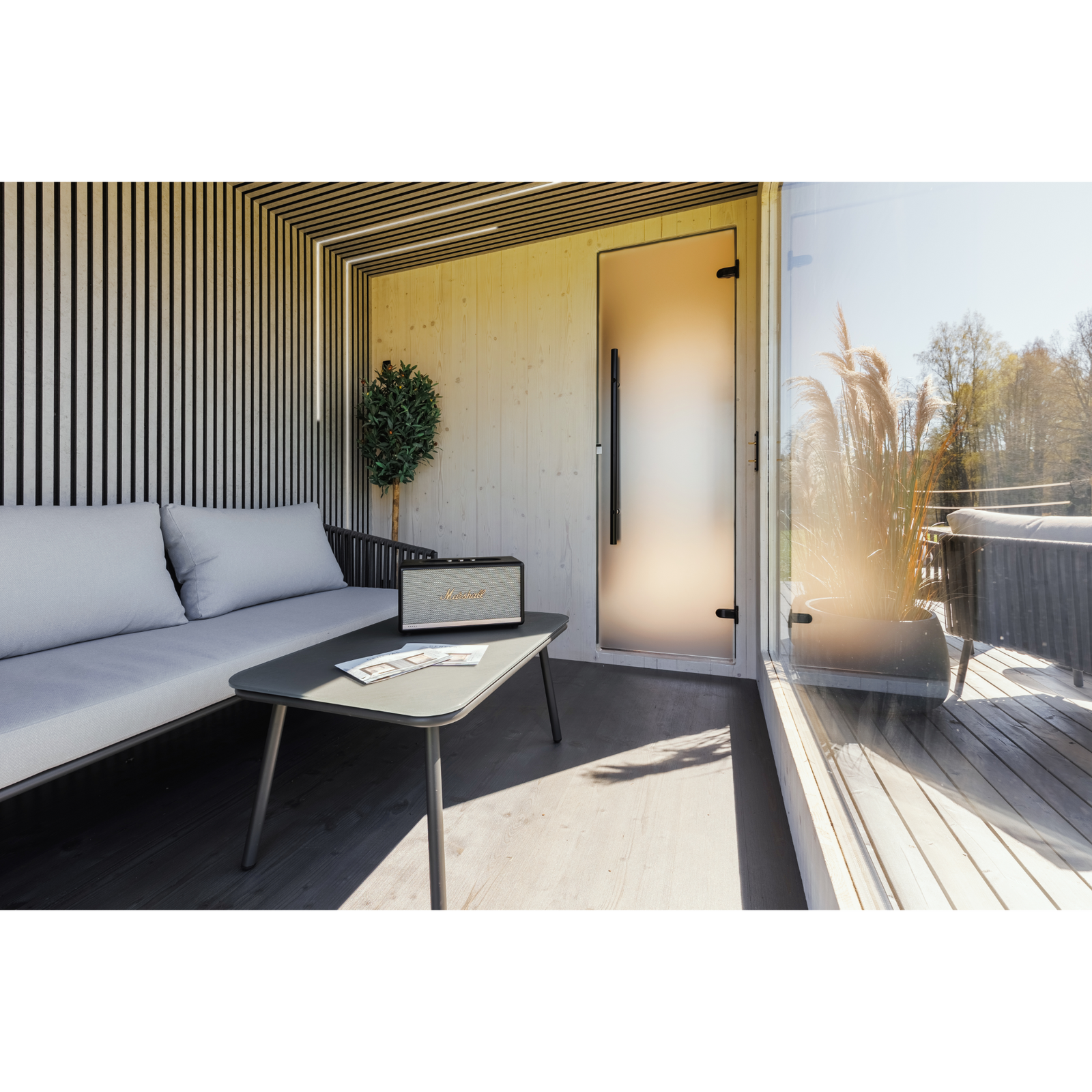 Genevas St. Moritz Pre-Assembled Outdoor Sauna with Lounge & Shower Cabin