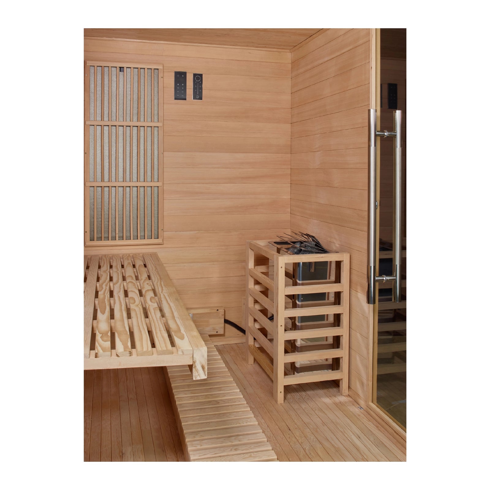 Golden Designs 2025 Soria 3-Person Hybrid Sauna (Indoor) – Full Spectrum and Harvia Traditional Stove