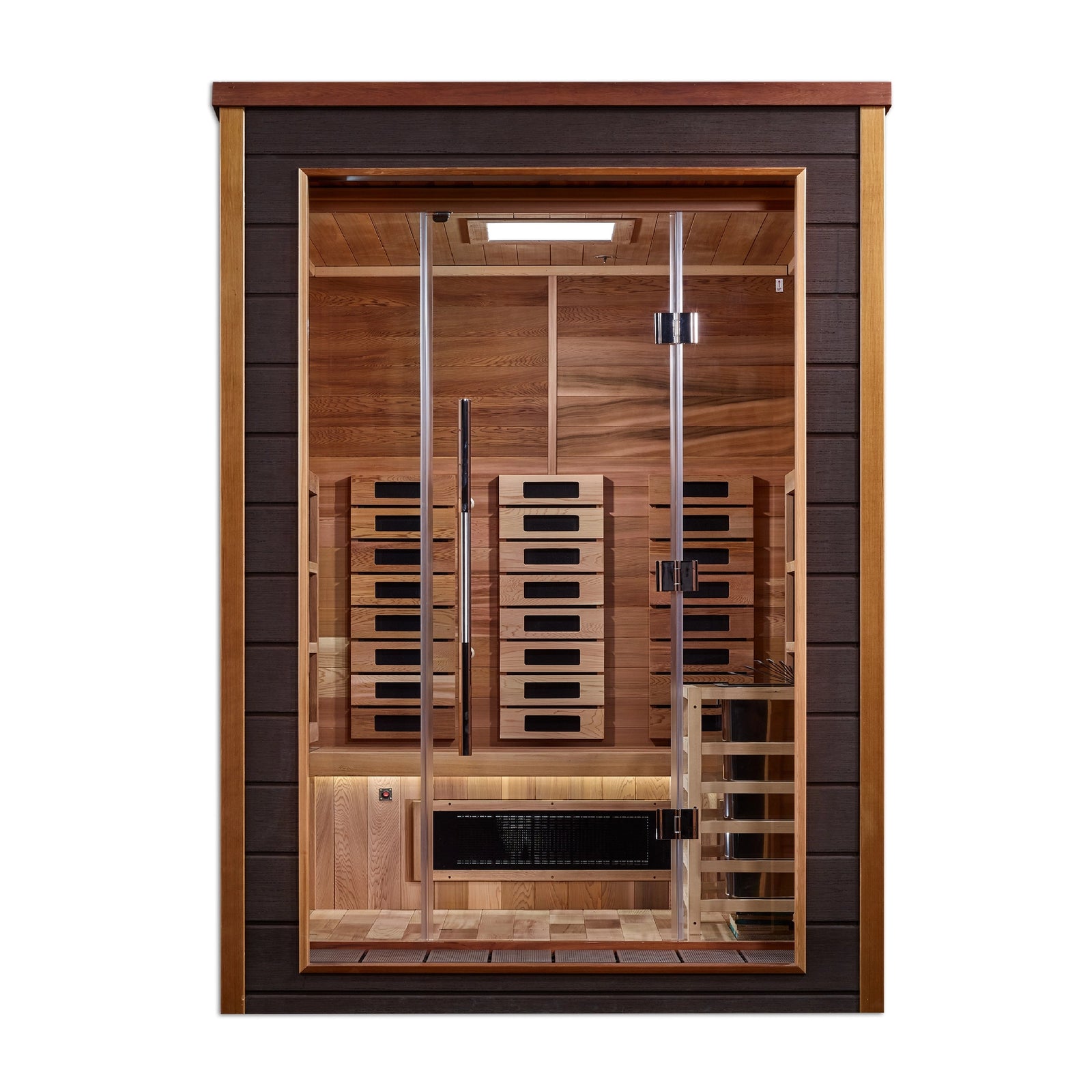 Golden Designs Nora 2 Person Hybrid (PureTech™ Full Spectrum IR or Traditional Stove) Outdoor Sauna - Canadian Red Cedar Interior