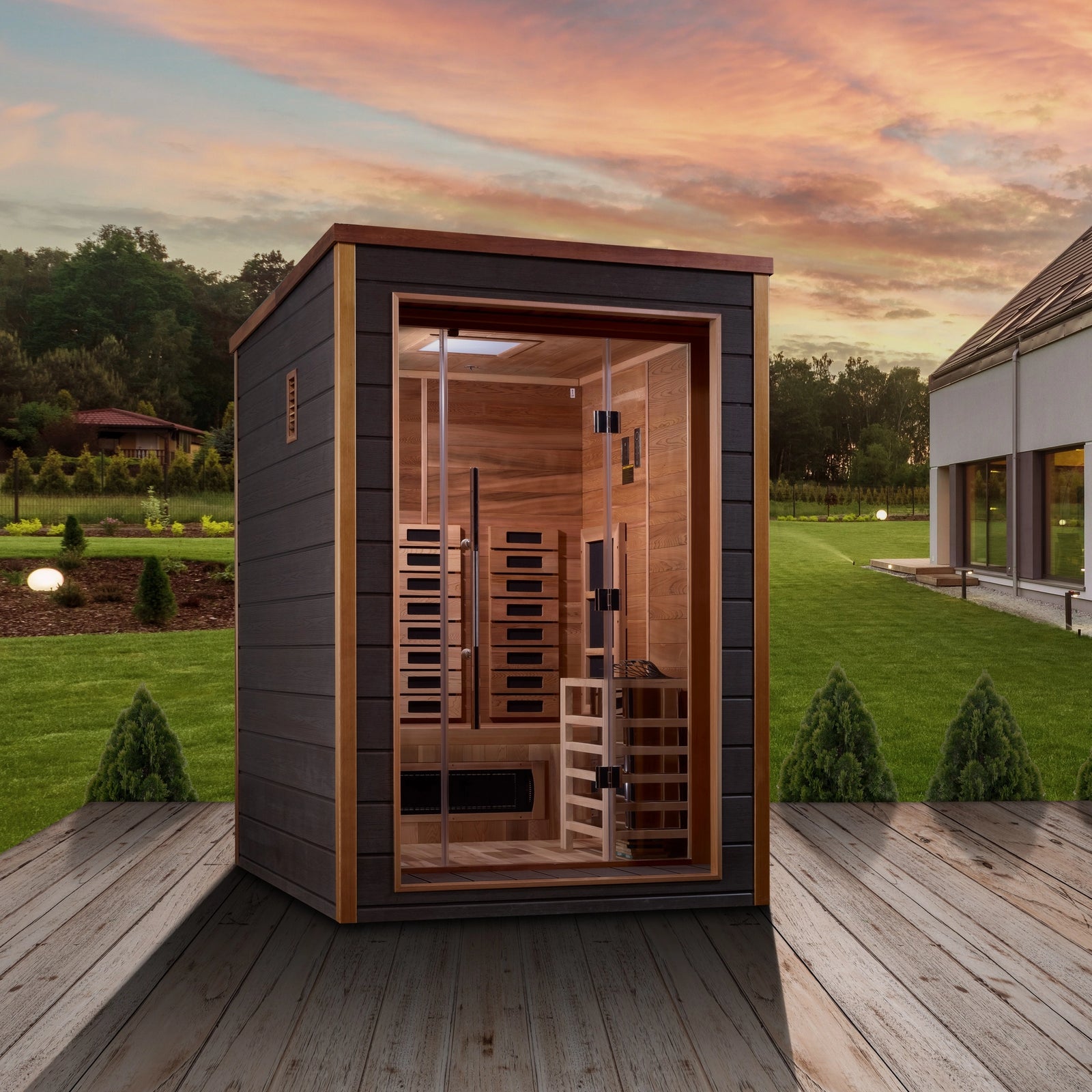 Golden Designs Nora 2 Person Hybrid (PureTech™ Full Spectrum IR or Traditional Stove) Outdoor Sauna - Canadian Red Cedar Interior