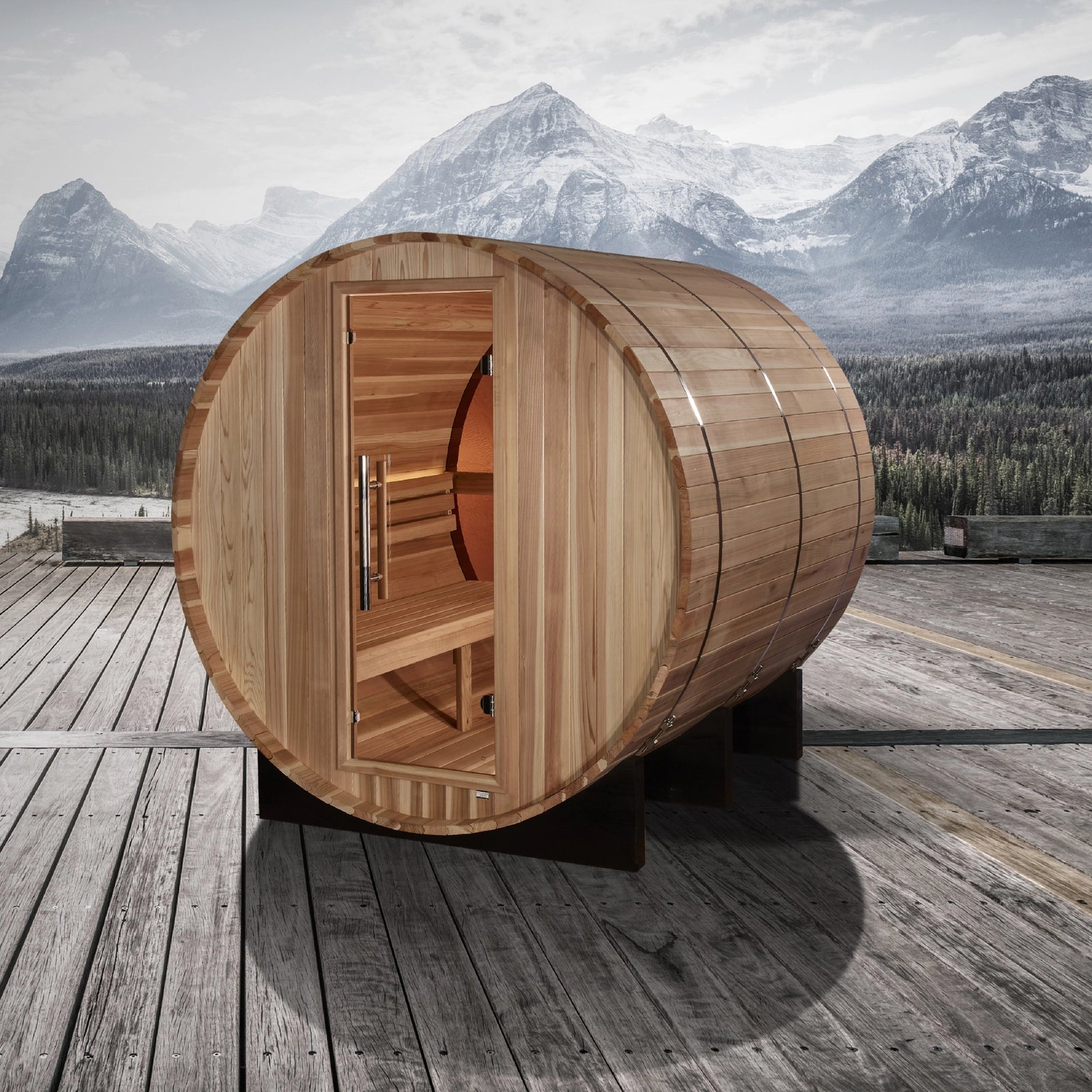 Golden Designs "Zurich" 4 Person Barrel Traditional Sauna with Bronze Privacy View - Pacific Cedar