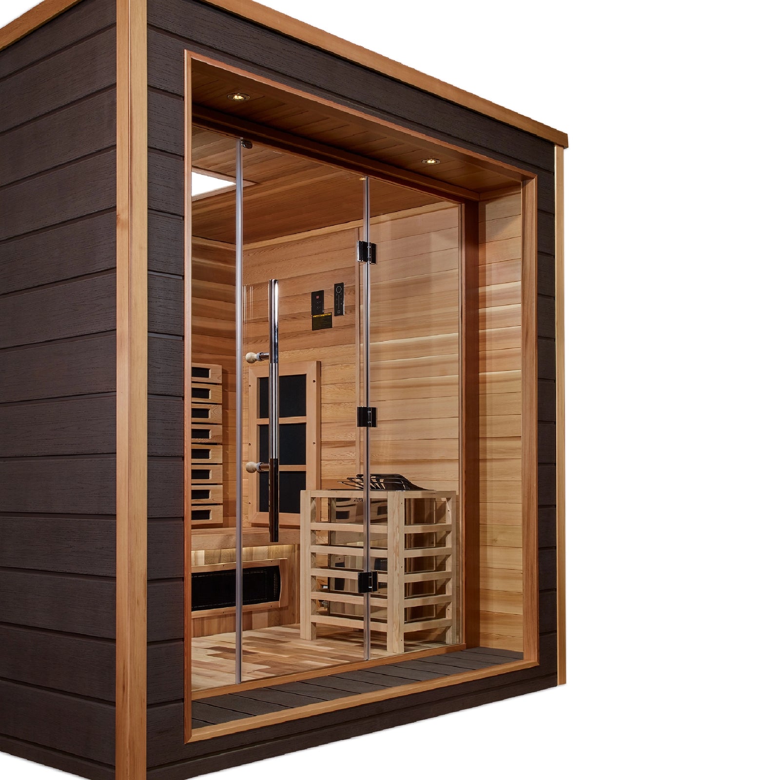 Golden Designs Visby 3 Person Hybrid (PureTech™ Full Spectrum IR or Traditional Stove) Outdoor Sauna - Canadian Red Cedar Interior
