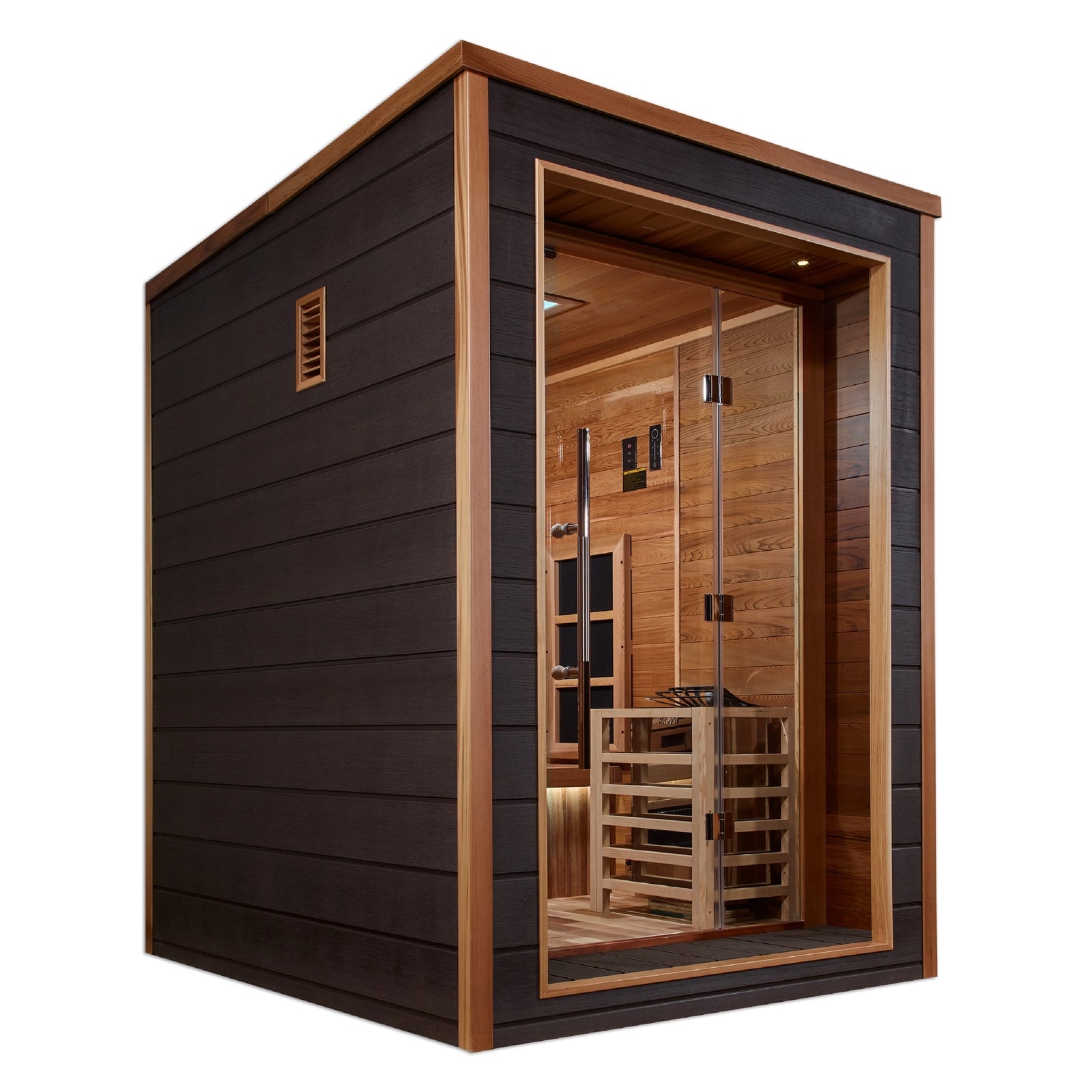 Golden Designs Nora 2 Person Hybrid (PureTech™ Full Spectrum IR or Traditional Stove) Outdoor Sauna - Canadian Red Cedar Interior