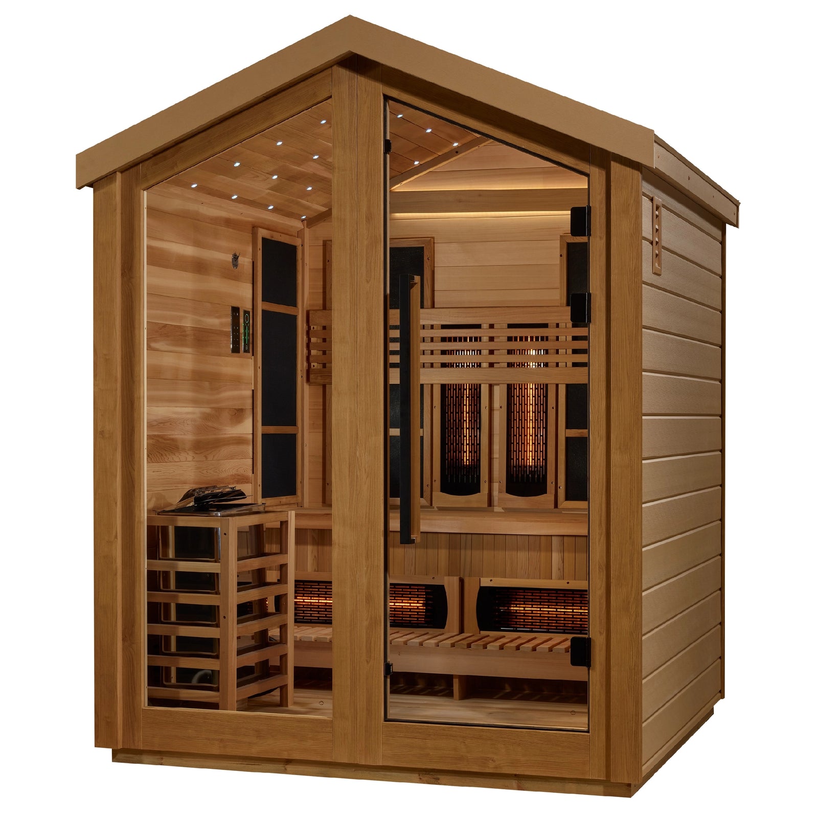 Golden Designs Loviisa 3 Person Hybrid Outdoor Sauna (PureTech™ Full Spectrum IR or Traditional Stove) - Canadian Red Cedar Interior, Pacific Cedar Finish