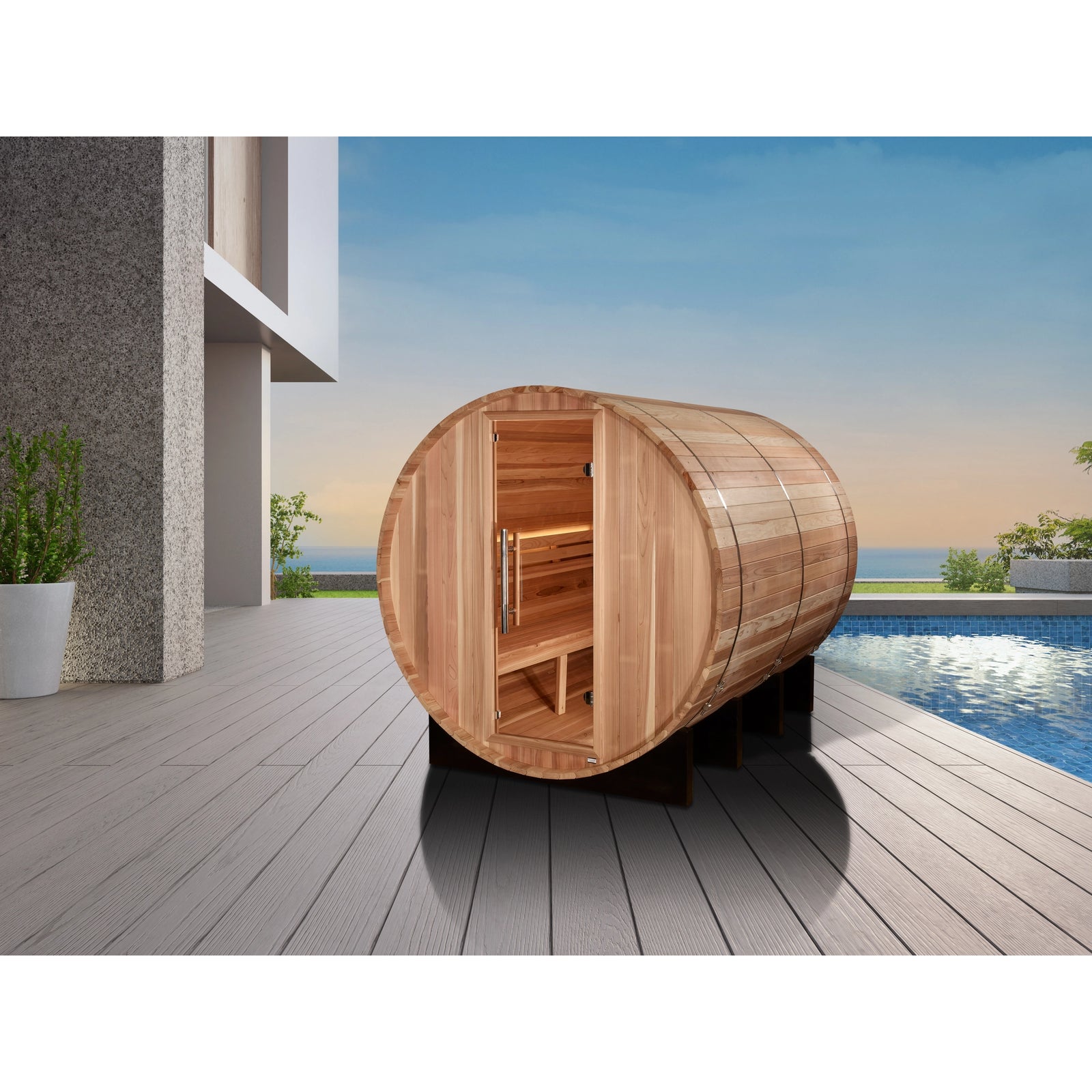 Golden Designs "Klosters" 6 Person Barrel Traditional Sauna - Pacific Cedar