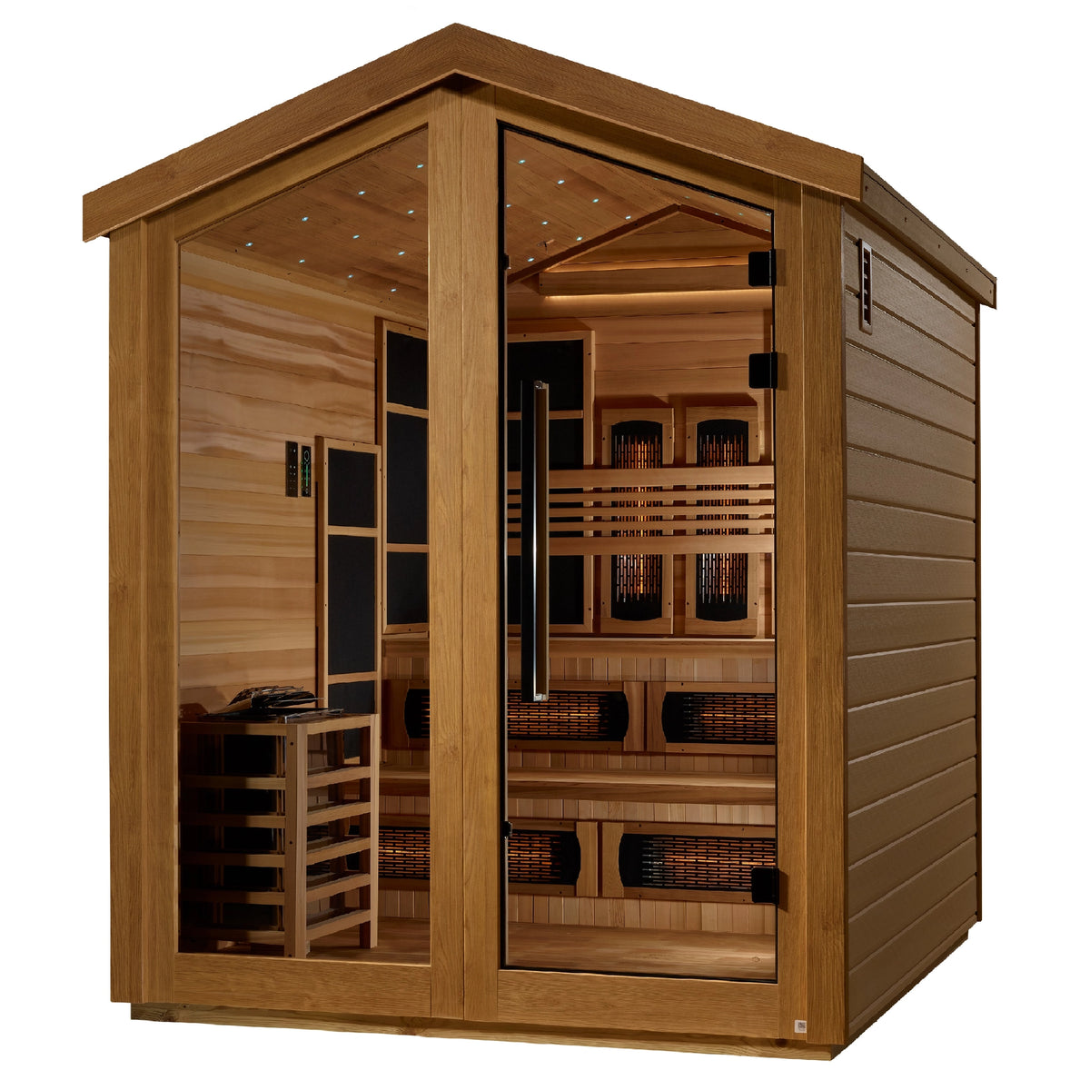 Golden Designs Kaskinen 6 Person Hybrid Outdoor Sauna (PureTech™ Full Spectrum IR or Traditional Stove) - Canadian Red Cedar Interior, Pacific Cedar Finish