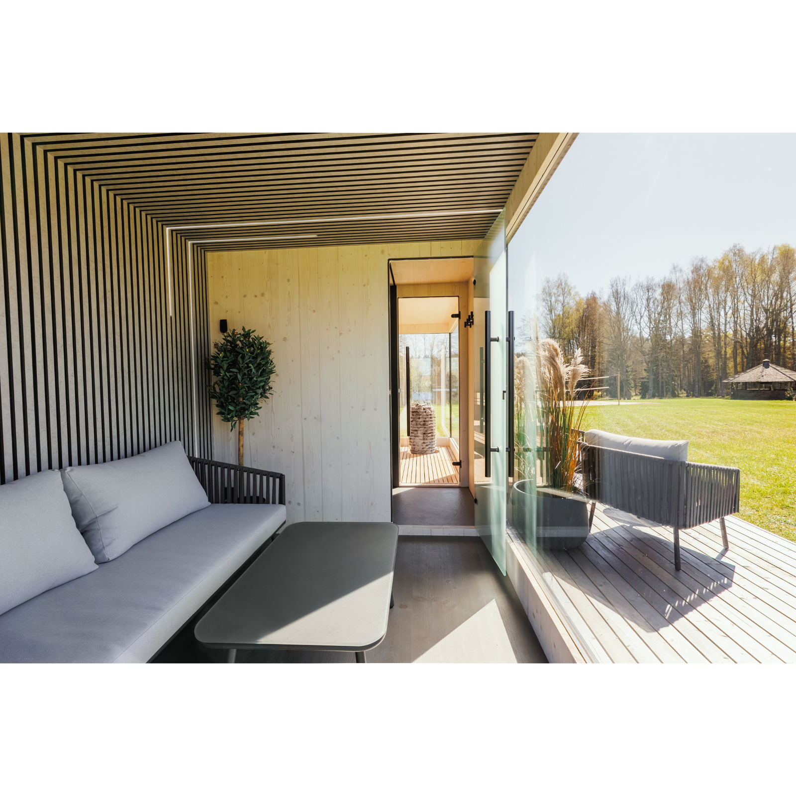 Genevas St. Moritz Pre-Assembled Outdoor Sauna with Lounge & Shower Cabin