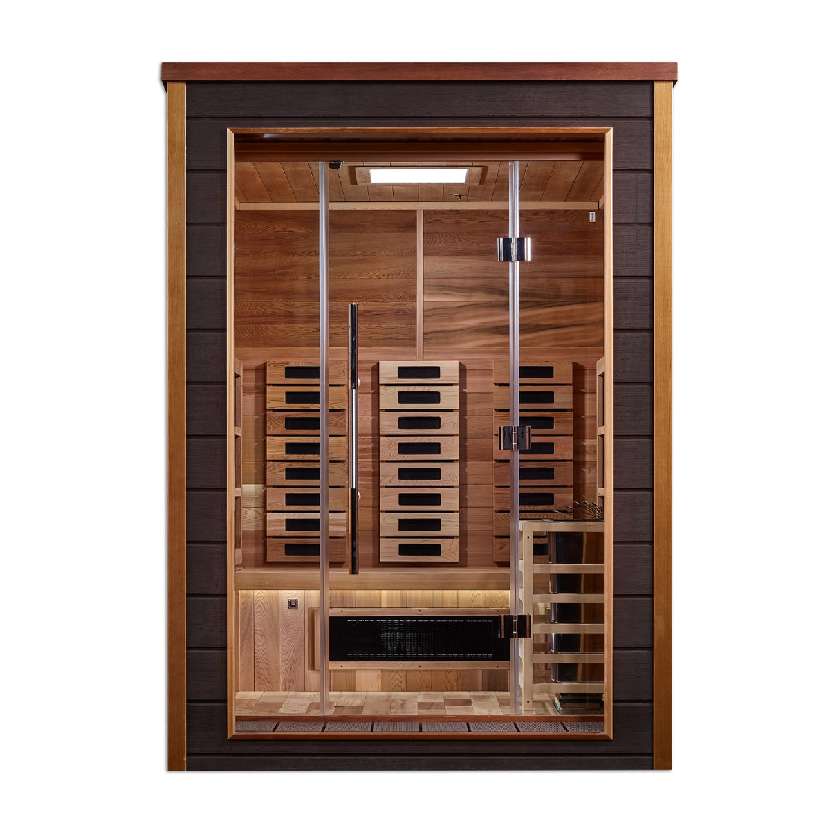 Golden Designs Nora 2 Person Hybrid (PureTech™ Full Spectrum IR or Traditional Stove) Outdoor Sauna - Canadian Red Cedar Interior