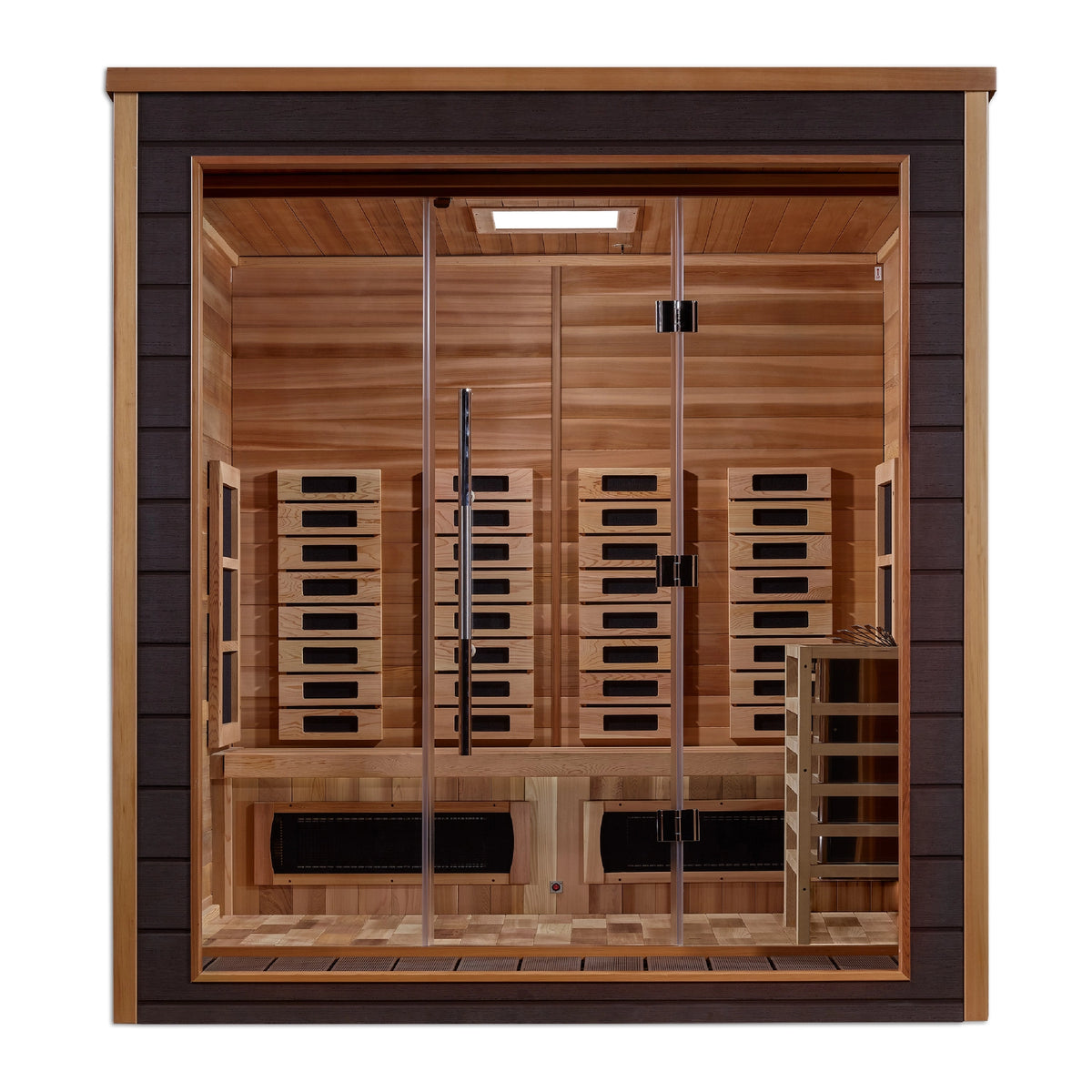 Golden Designs Visby 3 Person Hybrid (PureTech™ Full Spectrum IR or Traditional Stove) Outdoor Sauna - Canadian Red Cedar Interior