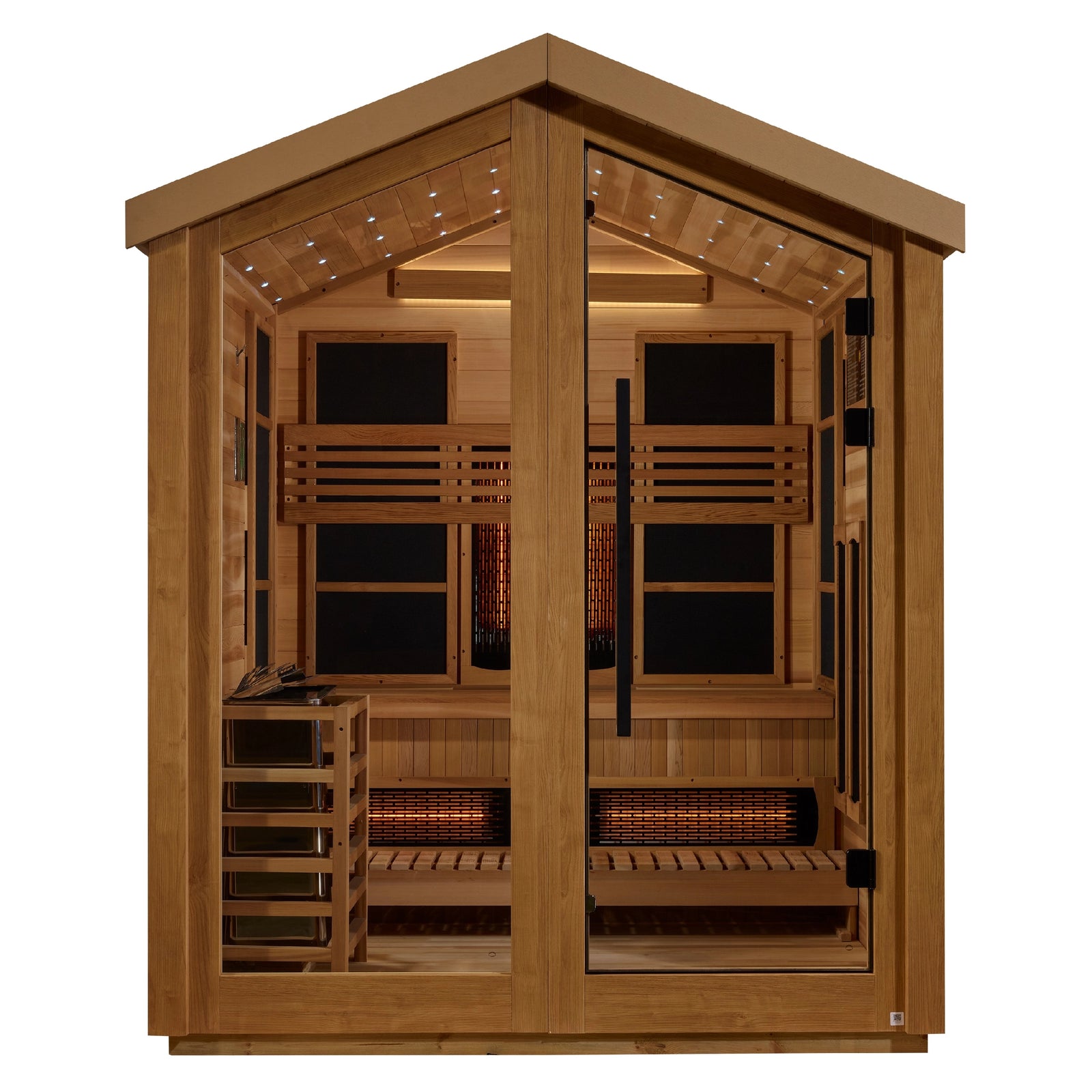 Golden Designs Loviisa 3 Person Hybrid Outdoor Sauna (PureTech™ Full Spectrum IR or Traditional Stove) - Canadian Red Cedar Interior, Pacific Cedar Finish