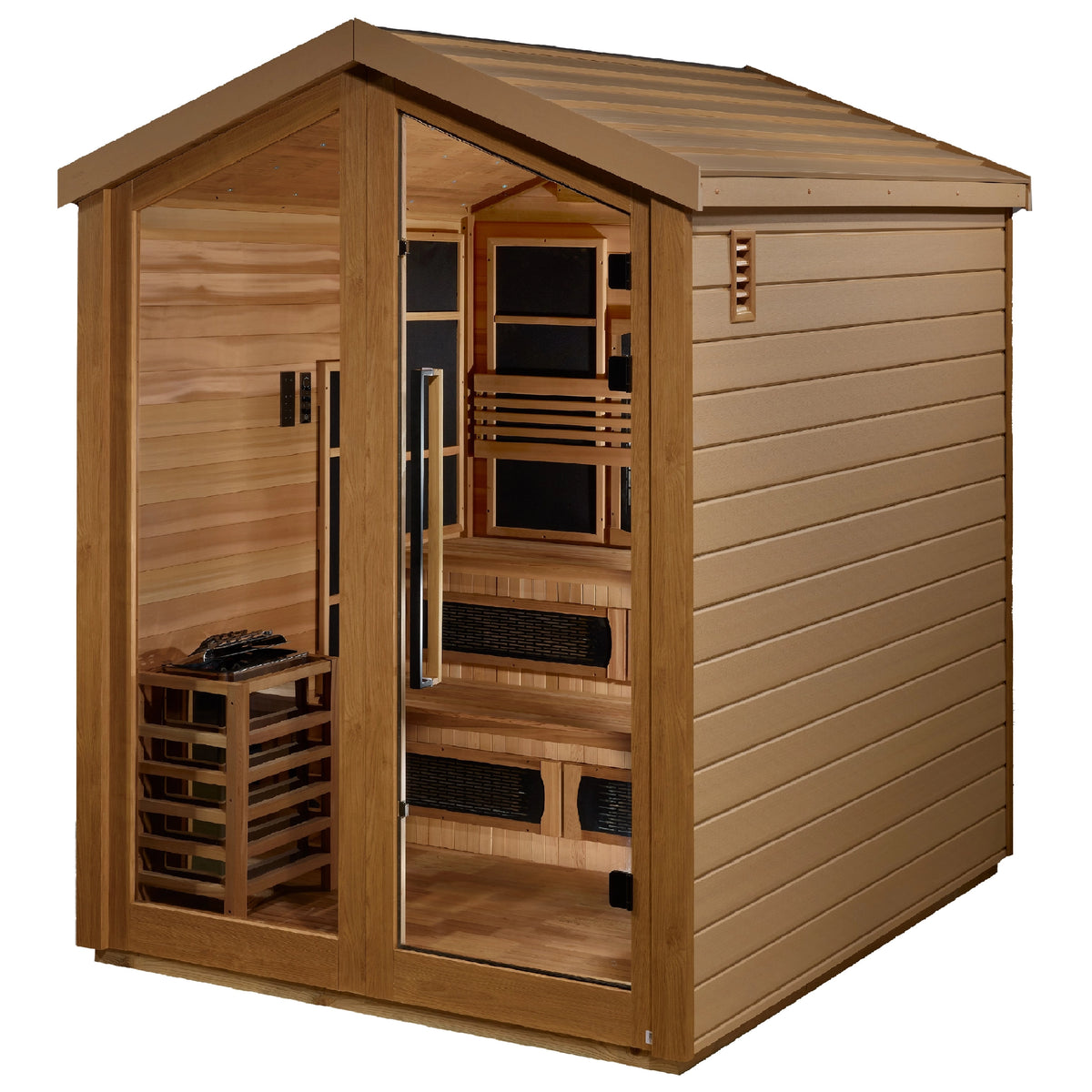 Golden Designs Kaskinen 6 Person Hybrid Outdoor Sauna (PureTech™ Full Spectrum IR or Traditional Stove) - Canadian Red Cedar Interior, Pacific Cedar Finish