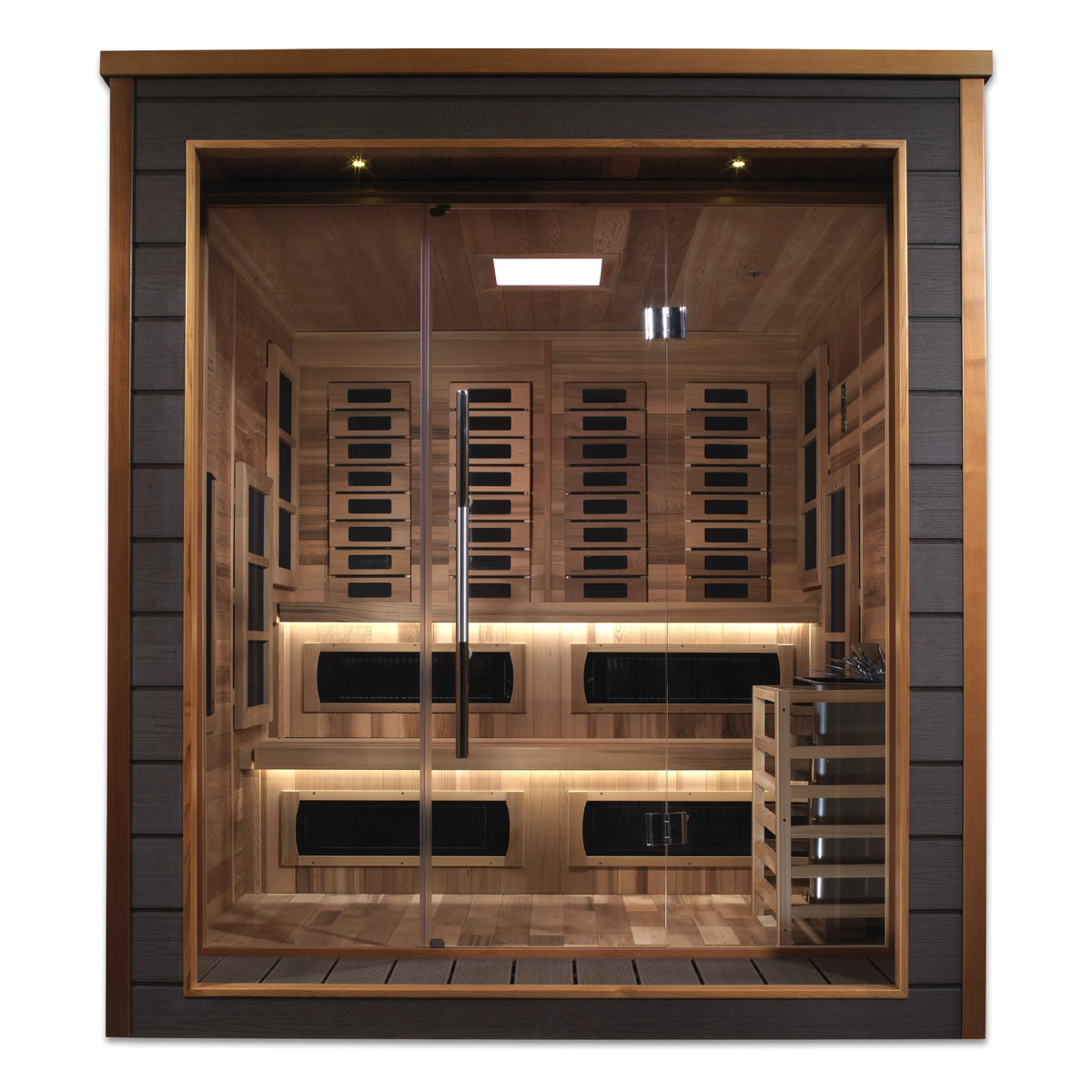 Golden Designs Karlstad 6 Person Hybrid (PureTech™ Full Spectrum IR or Traditional Stove) Outdoor Sauna - Canadian Red Cedar Interior