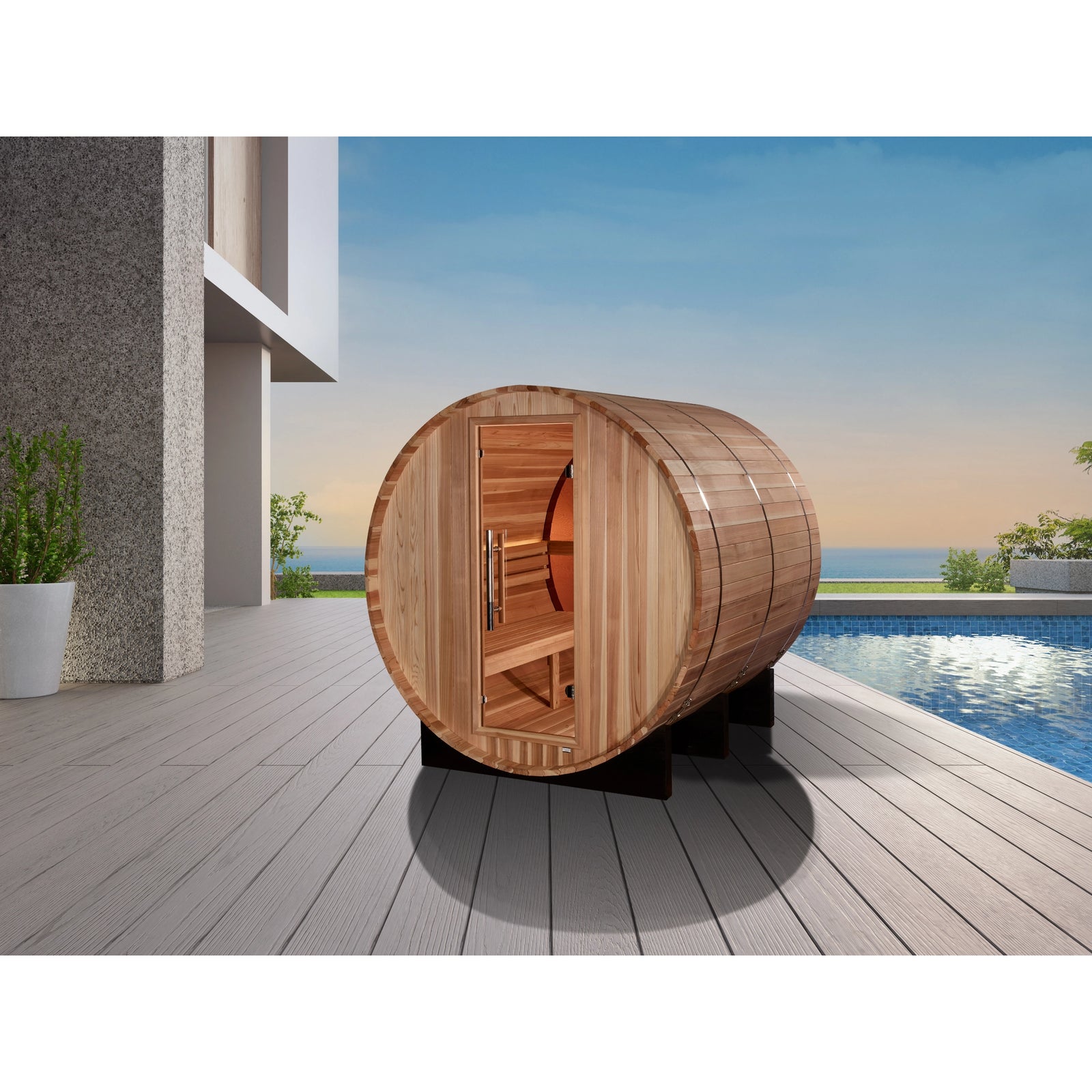Golden Designs "Zurich" 4 Person Barrel Traditional Sauna with Bronze Privacy View - Pacific Cedar